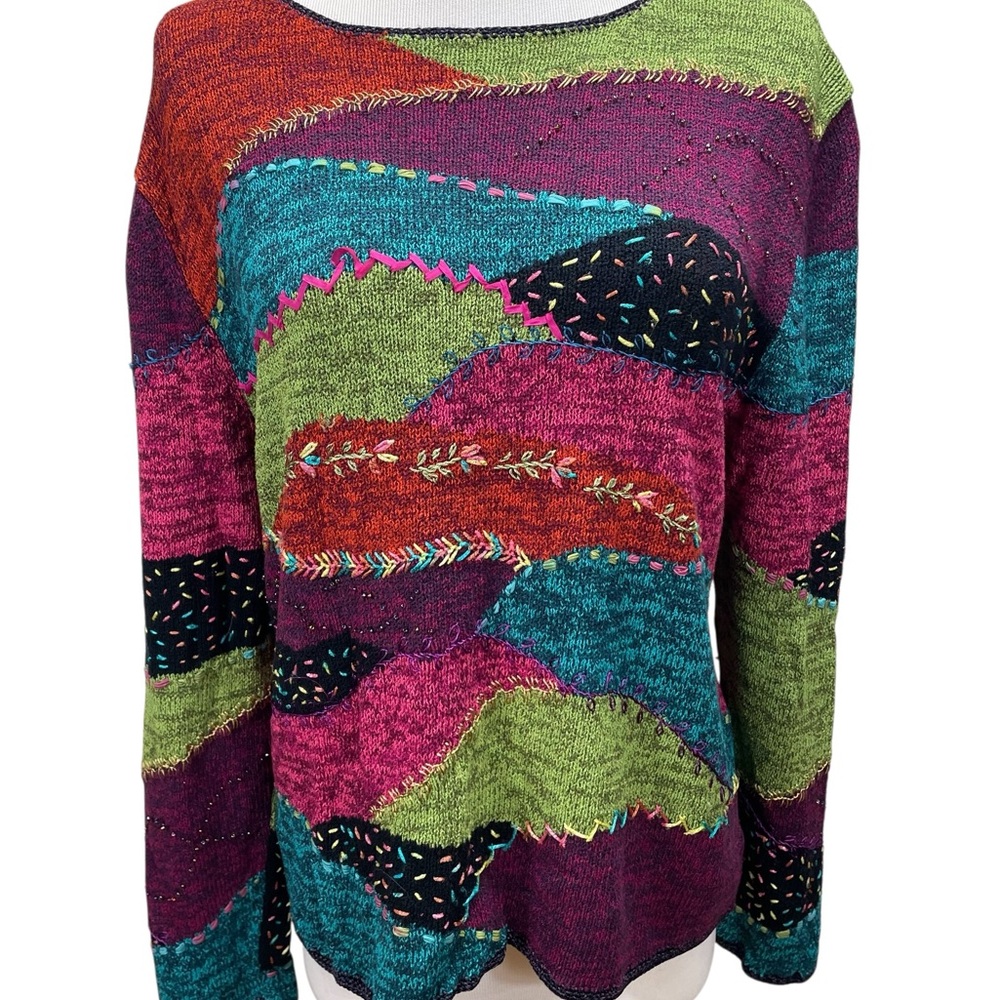 Vintage Segrets Silk Blend Embroidered Beaded Colorblock Sweater Size M YTK